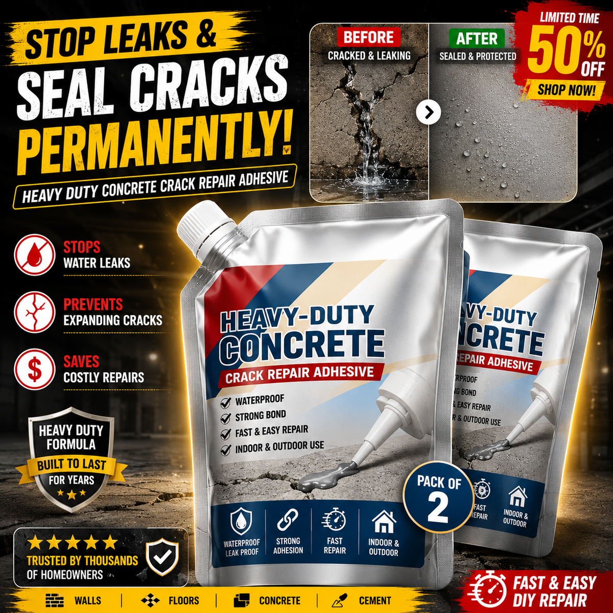 CRACK FILLER PRO - HEAVY-DUTY CONCRETE CRACK REPAIR ADHESIVE - PACK OF 2
