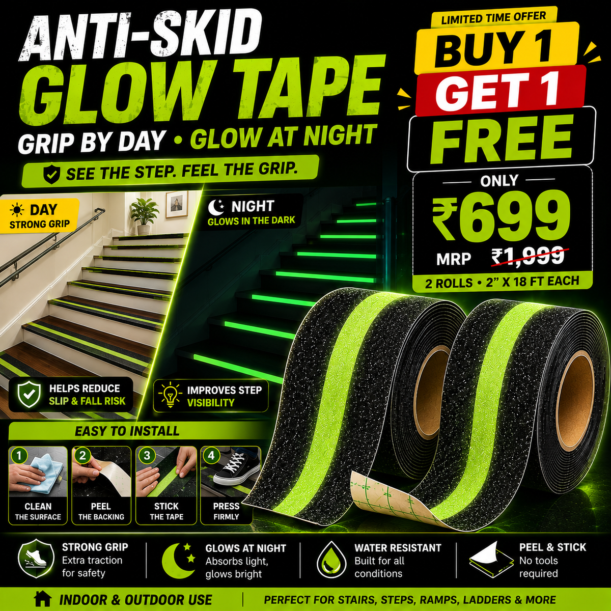 ANTI-SKID GLOW TAPE | STRONG GRIP & NIGHT VISIBILITY – BUY 1 GET 1 FREE