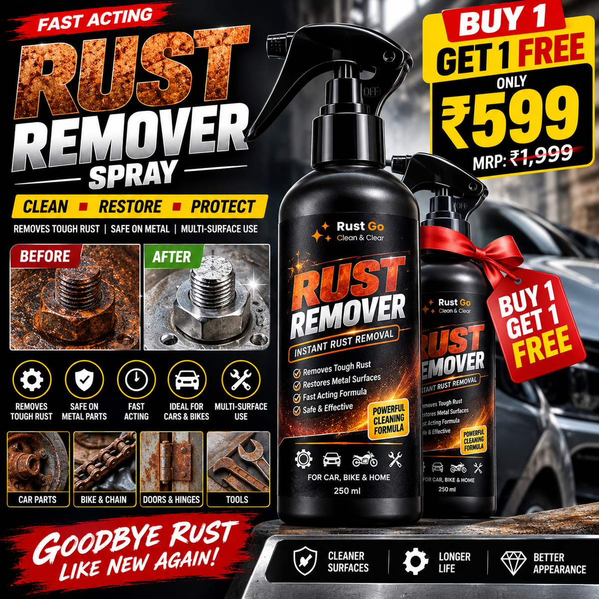 RUST GO RUST REMOVER SPRAY – FAST RUST REMOVAL FOR CARS, BIKES & METAL | BUY 1 GET 1 FREE