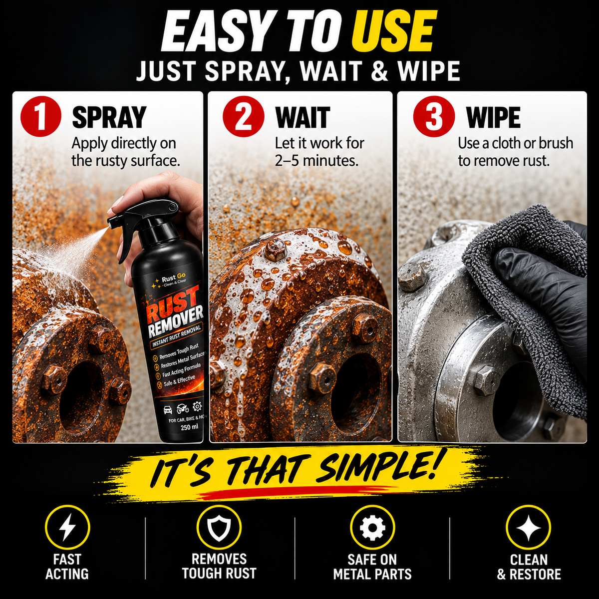 RUST GO RUST REMOVER SPRAY – FAST RUST REMOVAL FOR CARS, BIKES & METAL | BUY 1 GET 1 FREE