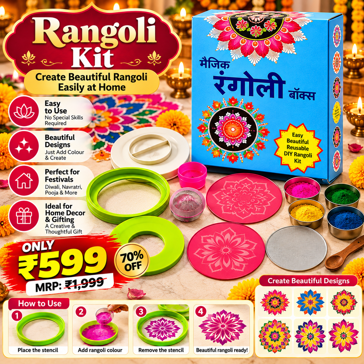 MAGIC RANGOLI KIT – REUSABLE DIY STENCIL KIT FOR EASY RANGOLI DESIGNS