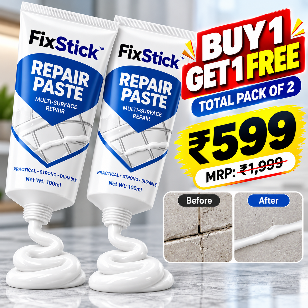 FixStick™ — Repair Paste | Seals Small Cracks & Leaks | Buy 1 Get 1 Free | Pack Of 2