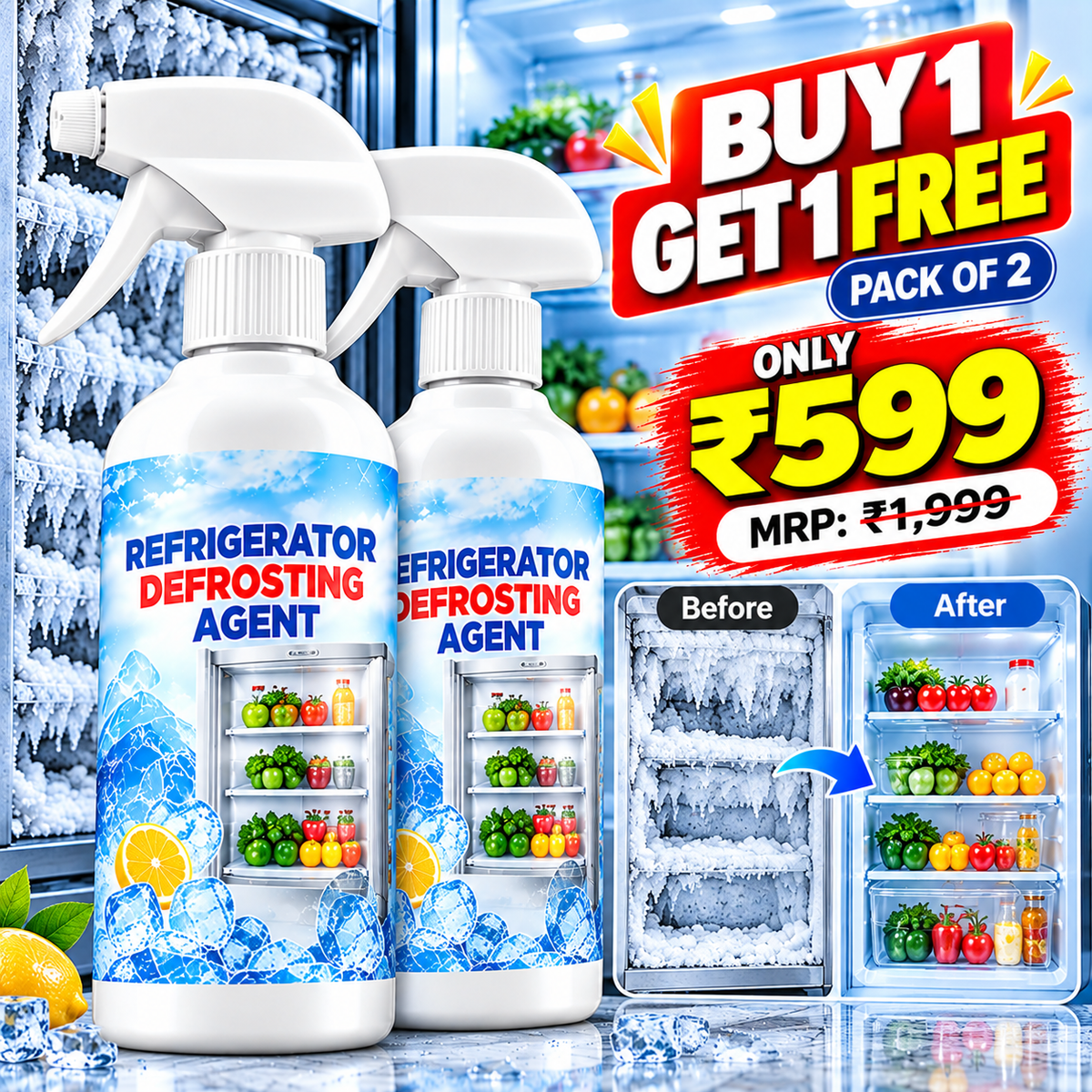 Refrigerator Defrosting Spray – Ice & Frost Remover | Buy 1 Get 1 Free (Pack of 2)